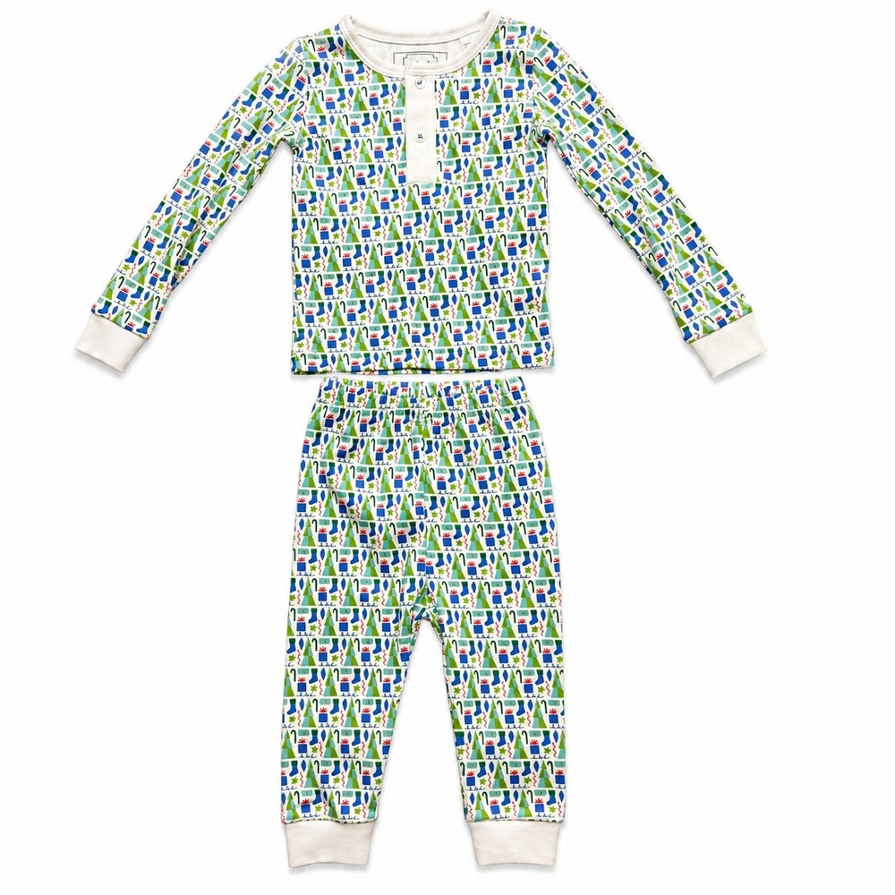 Lila & Hayes Christmas Pima Cotton Pajama Set 12-18M Green Holiday Henley NWT
